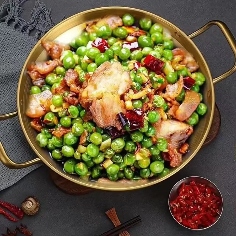 Korean Frying Pan Stainless Steel Paella Pan with Gold Handle Cooking Pot Seafood Rice Pans Non Stick Skillet Kitchen Cookware