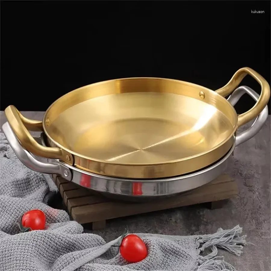Korean Frying Pan Stainless Steel Paella Pan with Gold Handle Cooking Pot Seafood Rice Pans Non Stick Skillet Kitchen Cookware