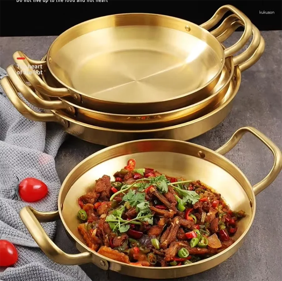 Korean Frying Pan Stainless Steel Paella Pan with Gold Handle Cooking Pot Seafood Rice Pans Non Stick Skillet Kitchen Cookware
