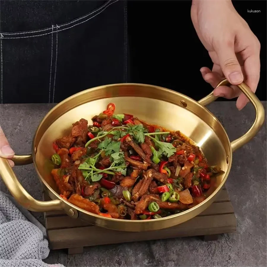 Korean Frying Pan Stainless Steel Paella Pan with Gold Handle Cooking Pot Seafood Rice Pans Non Stick Skillet Kitchen Cookware