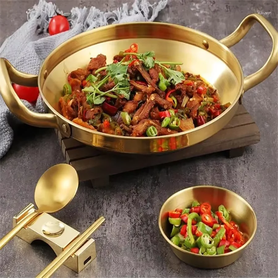 Korean Frying Pan Stainless Steel Paella Pan with Gold Handle Cooking Pot Seafood Rice Pans Non Stick Skillet Kitchen Cookware