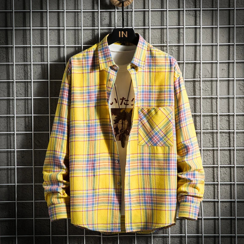 Men's Clothing Fashion Cotton Shirts Single Pocket Long Sleeve Youthful Soft Casual Plaid Checkered Top Male Shirts for men