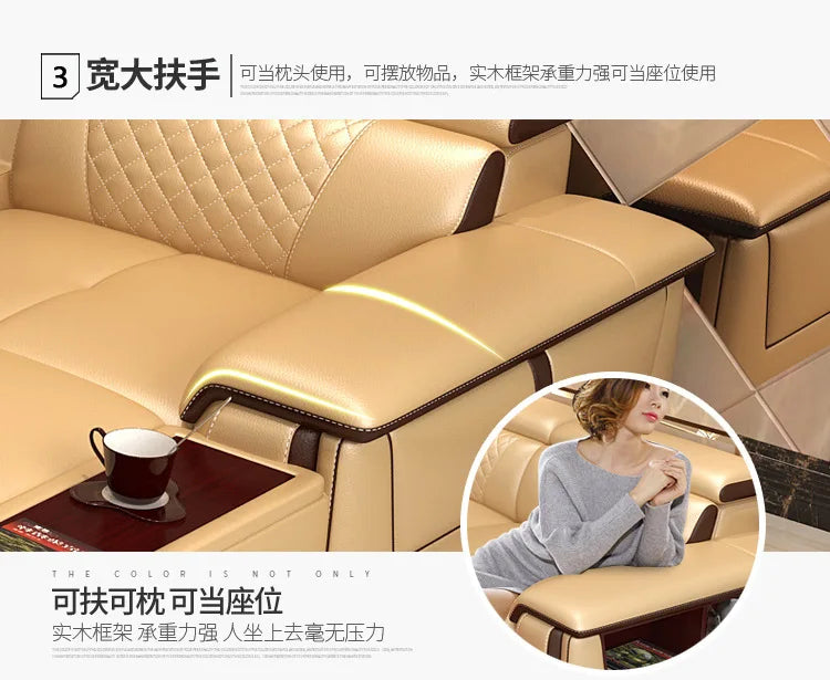 Living Room Sofa set furniture real genuine cow leather sofa recliner speaker bluetooth puff asiento muebles de sala canape cama
