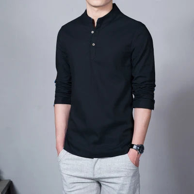 Men's Clothing Men Spring Tops & Tees Male Fashion T-Shirts Stand Collar Long-sleeved Slim Base Shirt Homme Linen t-shirt