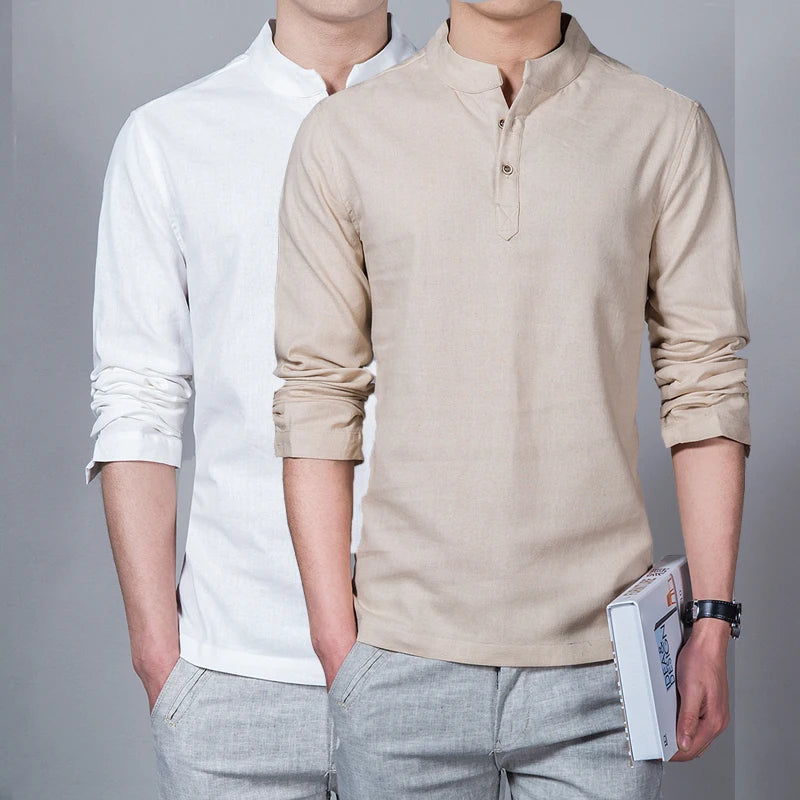 Men's Clothing Men Spring Tops & Tees Male Fashion T-Shirts Stand Collar Long-sleeved Slim Base Shirt Homme Linen t-shirt