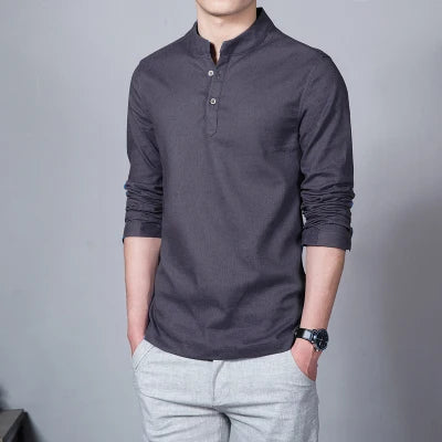 Men's Clothing Men Spring Tops & Tees Male Fashion T-Shirts Stand Collar Long-sleeved Slim Base Shirt Homme Linen t-shirt