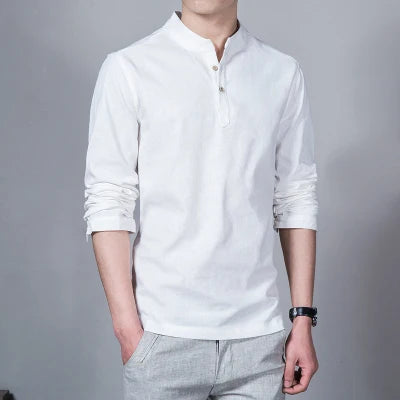 Men's Clothing Men Spring Tops & Tees Male Fashion T-Shirts Stand Collar Long-sleeved Slim Base Shirt Homme Linen t-shirt