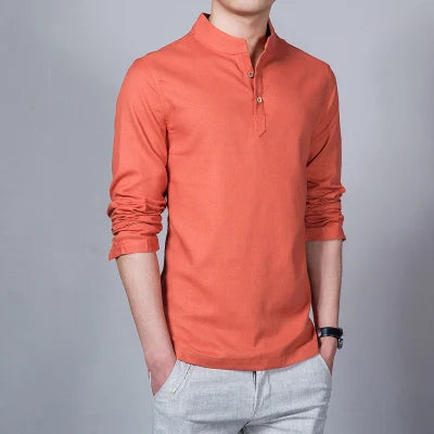 Men's Clothing Men Spring Tops & Tees Male Fashion T-Shirts Stand Collar Long-sleeved Slim Base Shirt Homme Linen t-shirt