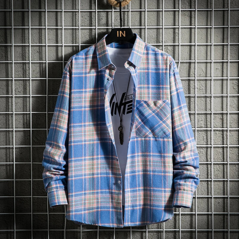 Men's Clothing Fashion Cotton Shirts Single Pocket Long Sleeve Youthful Soft Casual Plaid Checkered Top Male Shirts for men