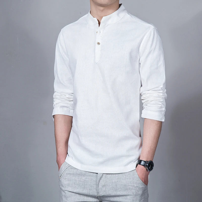 Men's Clothing Men Spring Tops & Tees Male Fashion T-Shirts Stand Collar Long-sleeved Slim Base Shirt Homme Linen t-shirt