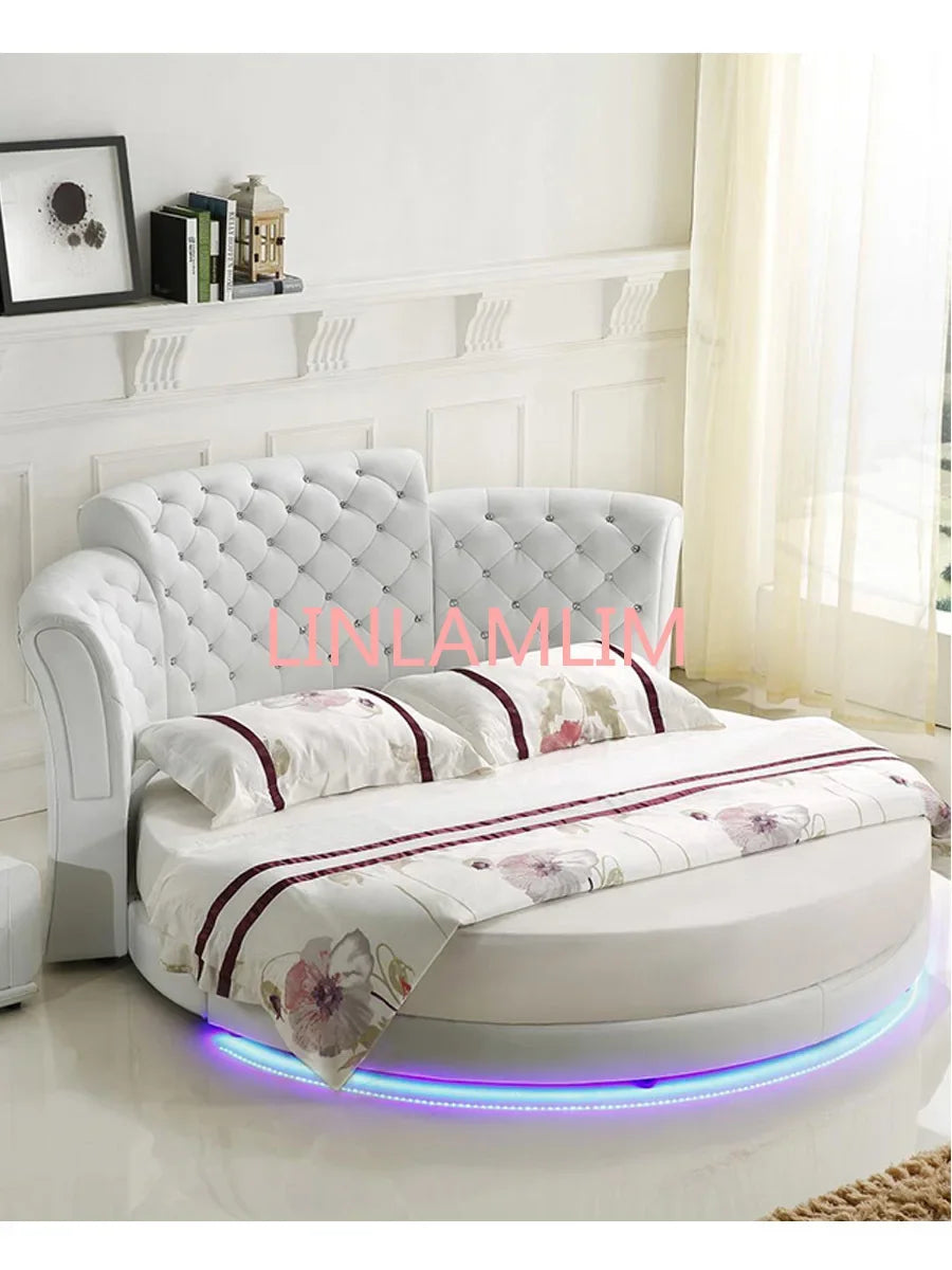 Smart bed frame camas bedroom кровать двуспальная lit beds سرير muebles de dormitorio мебель LED light round genuine leather