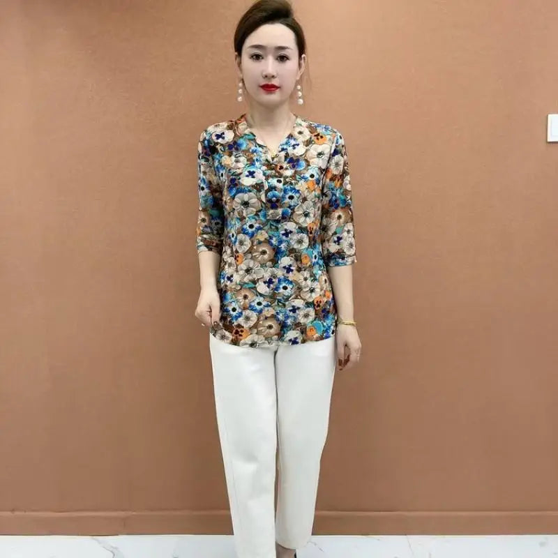 Women's Clothing Folk Broken Flowers Blouse Summer Casual Drawstring V-Neck Half Sleeve Prairie Chic Printed Commute Folds Shirt