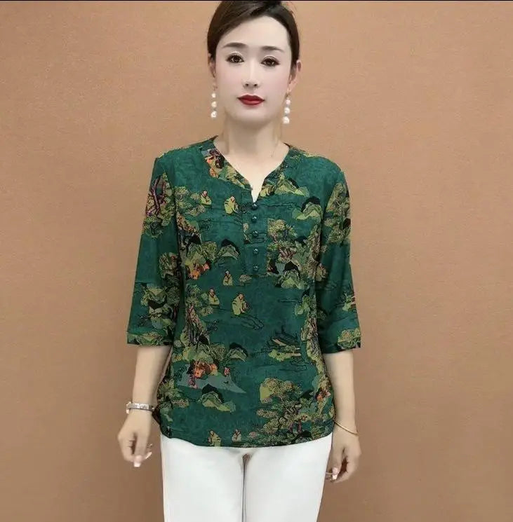 Women's Clothing Folk Broken Flowers Blouse Summer Casual Drawstring V-Neck Half Sleeve Prairie Chic Printed Commute Folds Shirt