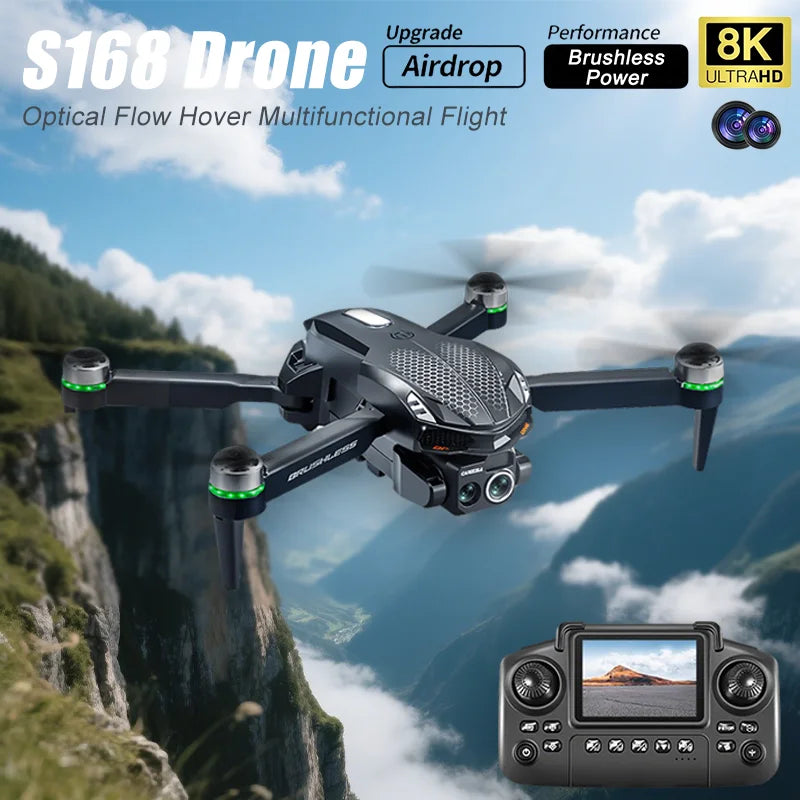 2025 S168 RC Drone 2.4inch Screen Brushless Motor 8K HD Dual Cameras Optical Flow Positioning Intelligent Avoidance Aircraft Toy
