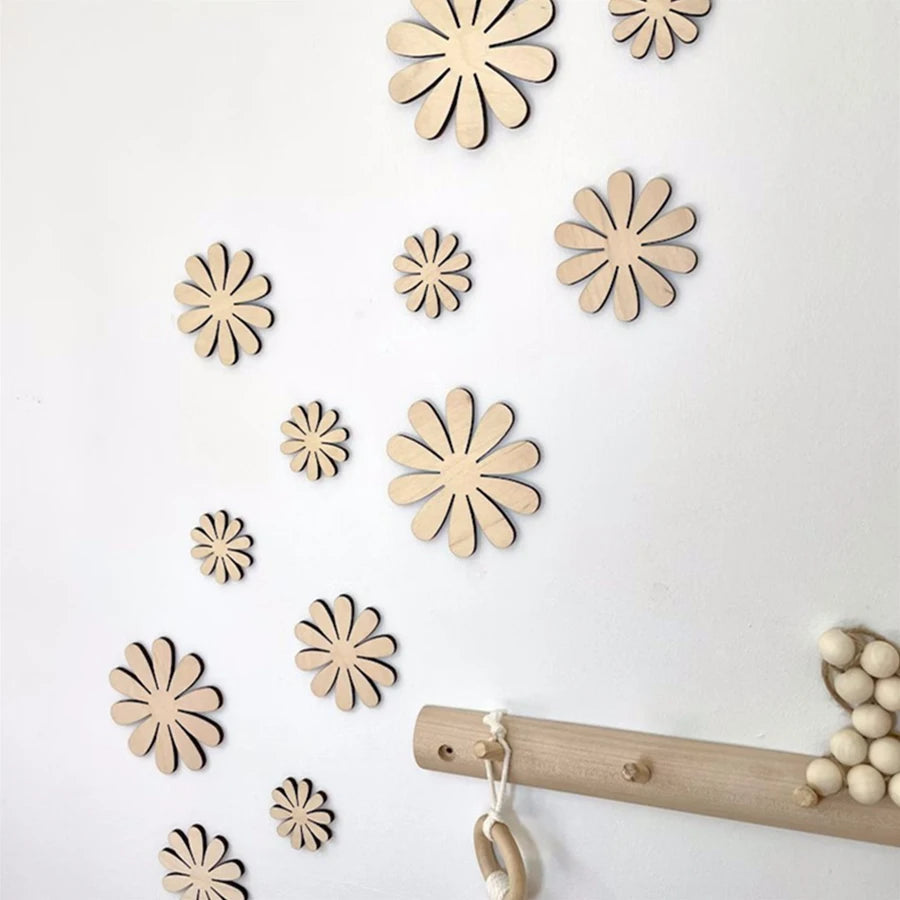 Nordic Wooden Daisy Flower Wall Decoration Self-adhesive Wall Stickers Set Wooden Sticker for Kids Room Nursery Decor