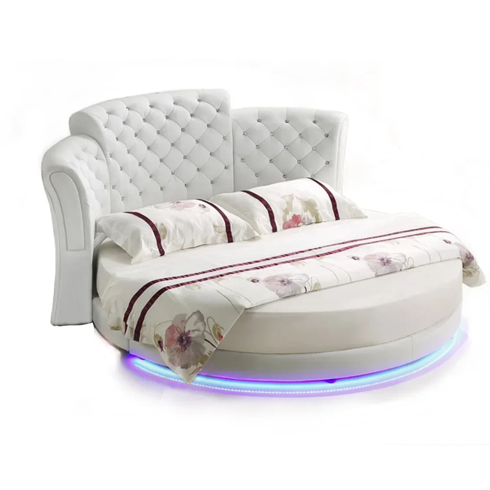 Smart bed frame camas bedroom кровать двуспальная lit beds سرير muebles de dormitorio мебель LED light round genuine leather