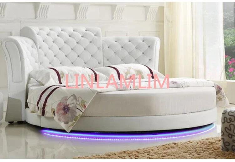 Smart bed frame camas bedroom кровать двуспальная lit beds سرير muebles de dormitorio мебель LED light round genuine leather