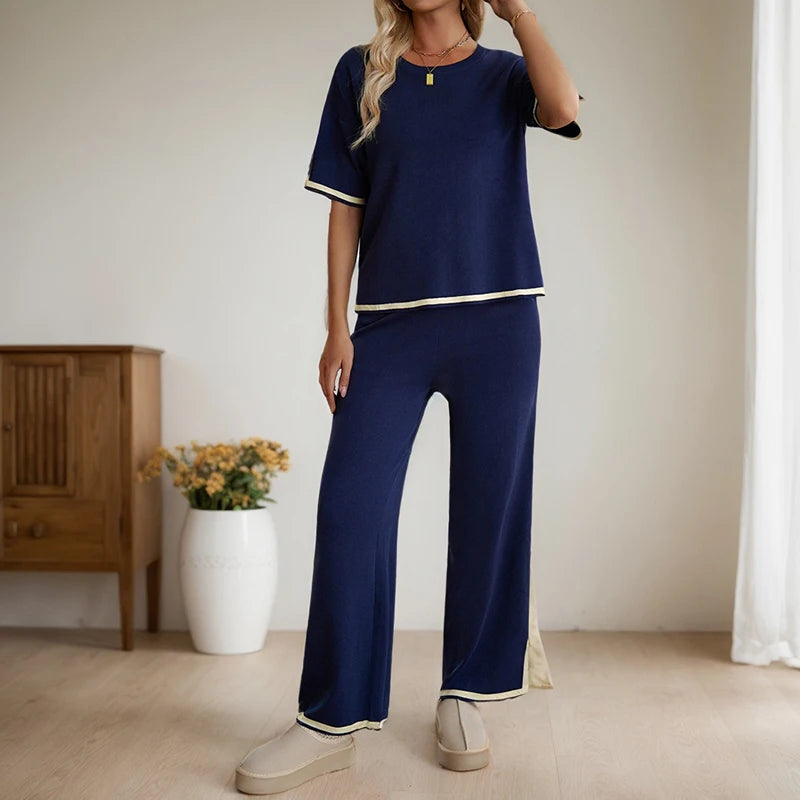 Women's Clothing Two Piece Set Spring Summer Fashion Casual Round Neck Short-Sleeved Pullover Tops Wide-Leg Pants Matching Suit