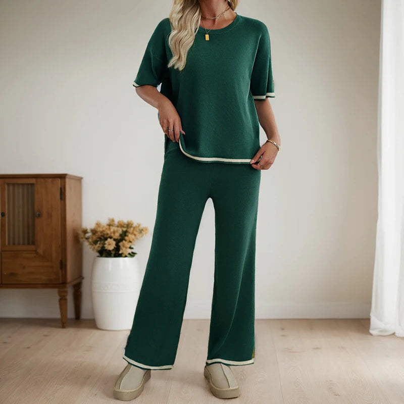 Women's Clothing Two Piece Set Spring Summer Fashion Casual Round Neck Short-Sleeved Pullover Tops Wide-Leg Pants Matching Suit