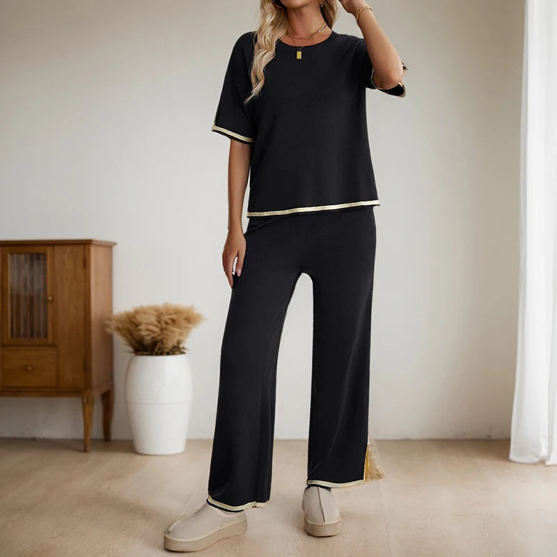 Women's Clothing Two Piece Set Spring Summer Fashion Casual Round Neck Short-Sleeved Pullover Tops Wide-Leg Pants Matching Suit
