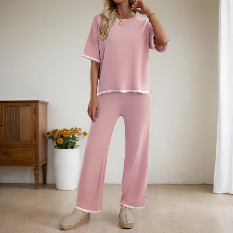 Women's Clothing Two Piece Set Spring Summer Fashion Casual Round Neck Short-Sleeved Pullover Tops Wide-Leg Pants Matching Suit