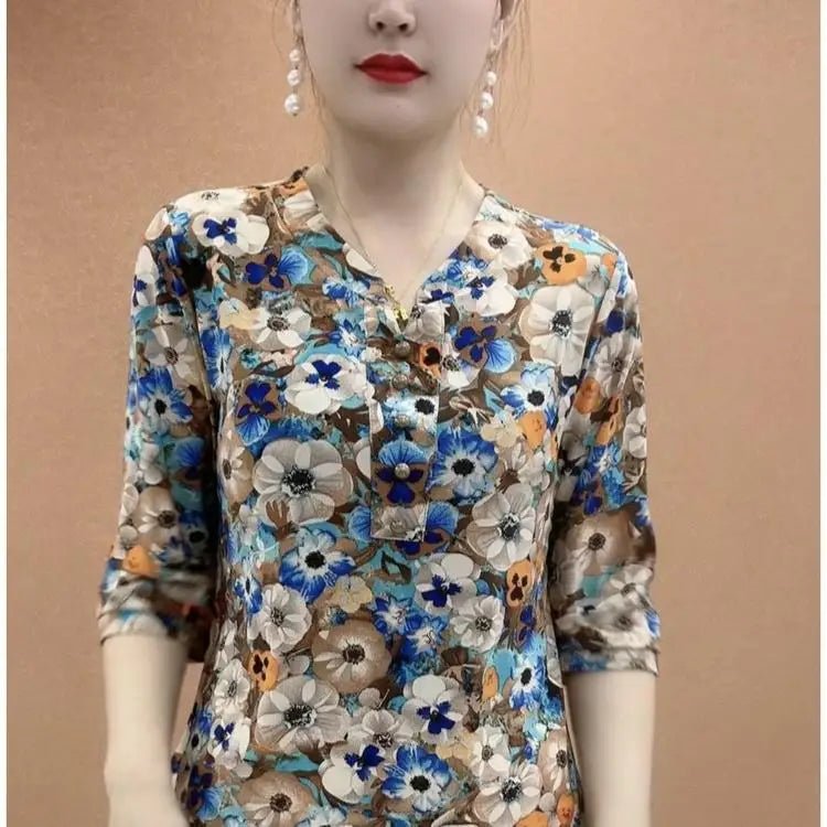 Women's Clothing Folk Broken Flowers Blouse Summer Casual Drawstring V-Neck Half Sleeve Prairie Chic Printed Commute Folds Shirt