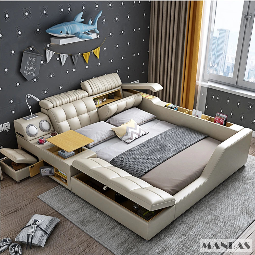 Modern Multi-Functional Tech Smart Bed with Storage, Speakers, USB, Bookshelves, and Tatami – Luxury King/Queen Ultimate Bed