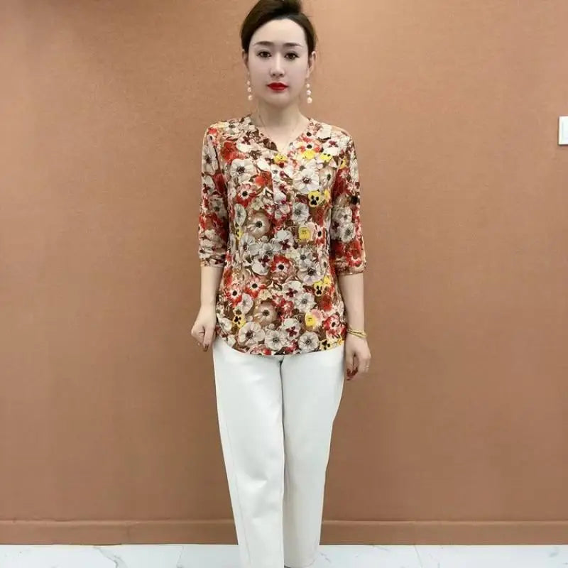 Women's Clothing Folk Broken Flowers Blouse Summer Casual Drawstring V-Neck Half Sleeve Prairie Chic Printed Commute Folds Shirt