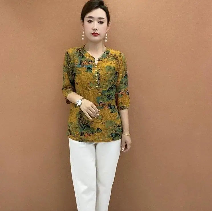 Women's Clothing Folk Broken Flowers Blouse Summer Casual Drawstring V-Neck Half Sleeve Prairie Chic Printed Commute Folds Shirt