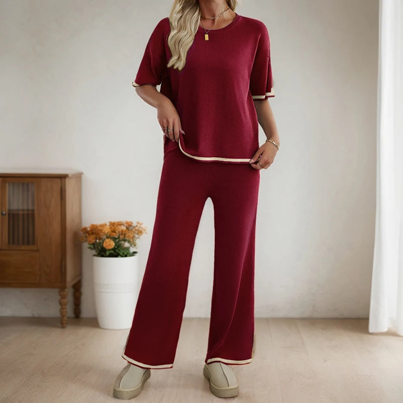 Women's Clothing Two Piece Set Spring Summer Fashion Casual Round Neck Short-Sleeved Pullover Tops Wide-Leg Pants Matching Suit
