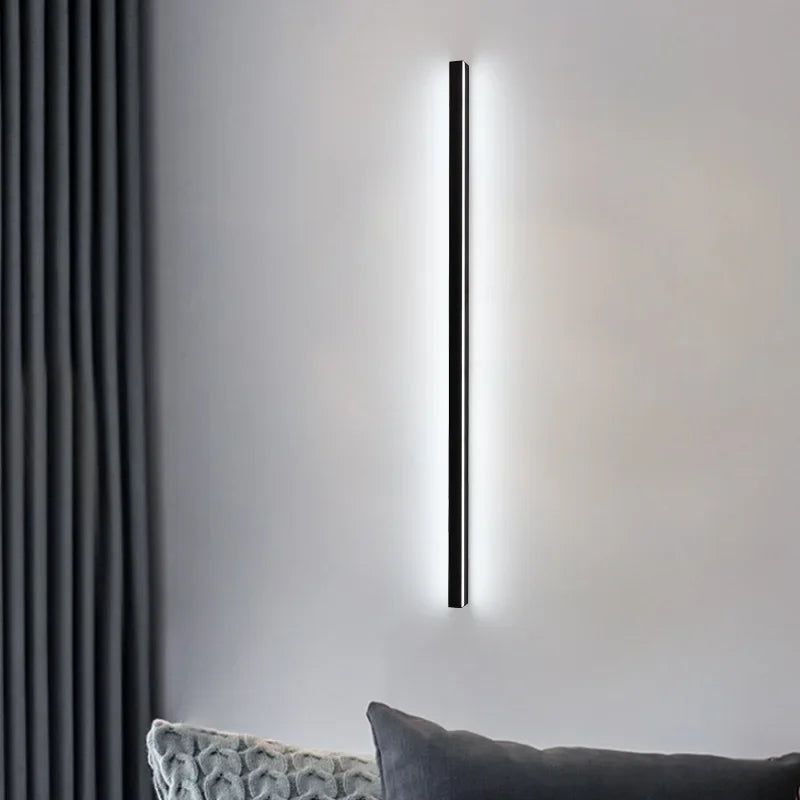 Modern minimalist bedroom, narrow and slender strip wall lamp at the head of the bed, background wall, room lighting decoration