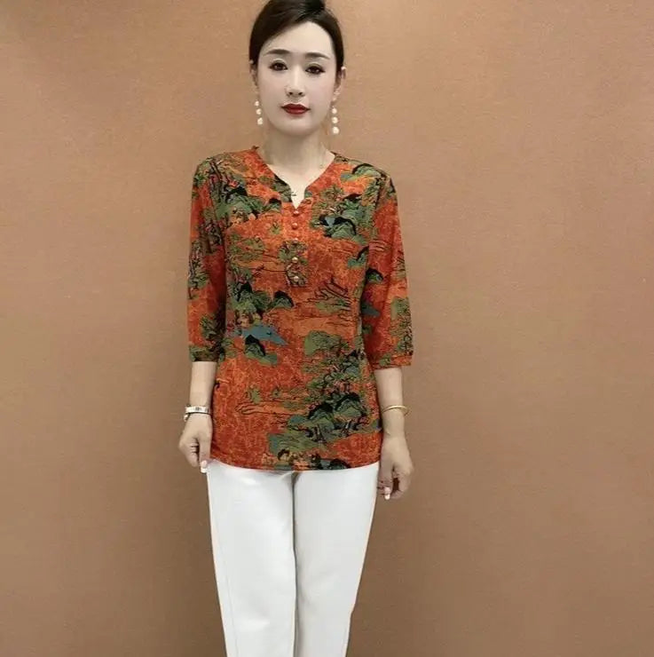 Women's Clothing Folk Broken Flowers Blouse Summer Casual Drawstring V-Neck Half Sleeve Prairie Chic Printed Commute Folds Shirt
