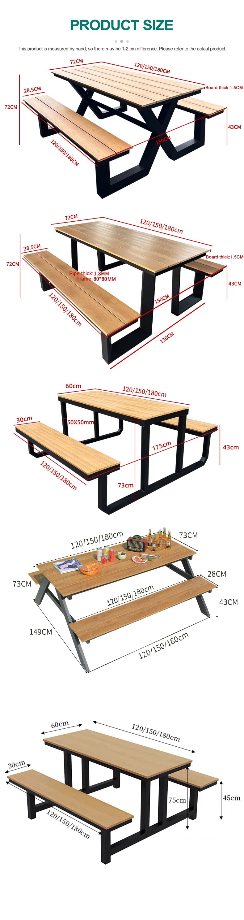 180cm Picnic Table Bench Set Weatherproof Outdoor Dining Table Set Plastic Wood Picnic Beer Table Bench with Aluminum Frame