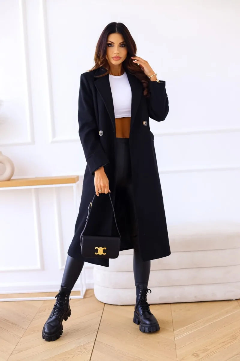 Women's Clothing Autumn and Winter Simple Double-breasted Long-sleeved Lapel Button Woolen Jacket