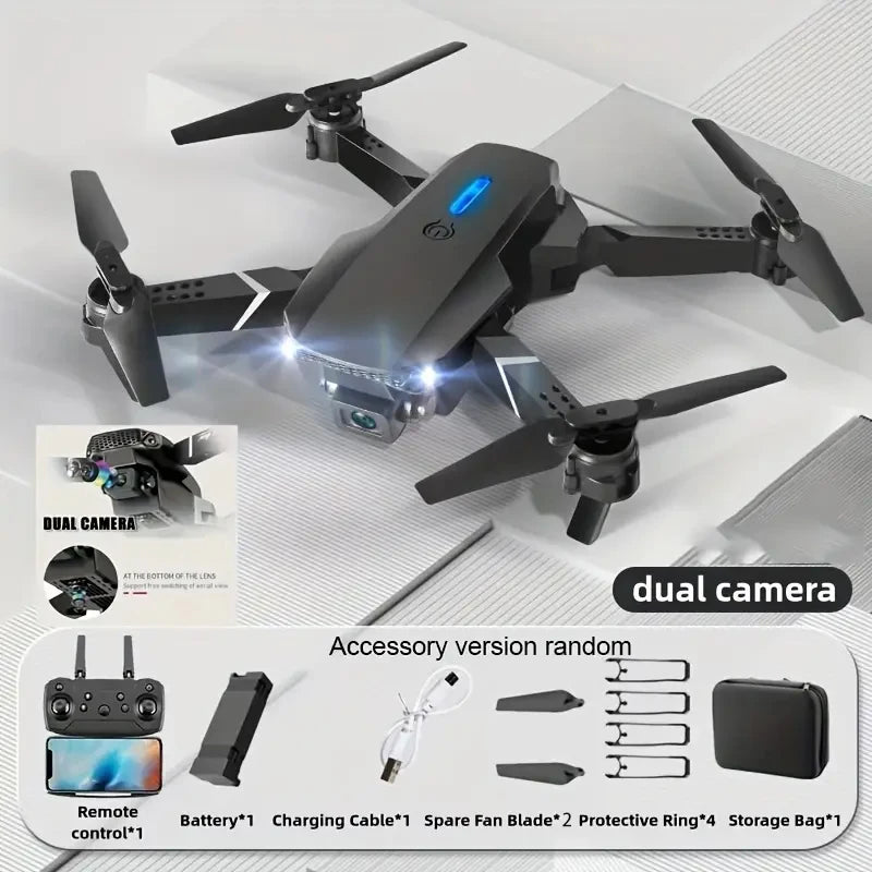 Drone Foldable Wings, Dual Cameras for Aerial Photography, 360° Rotation, One-Click Takeoff, Portable Rechargeable Battery
