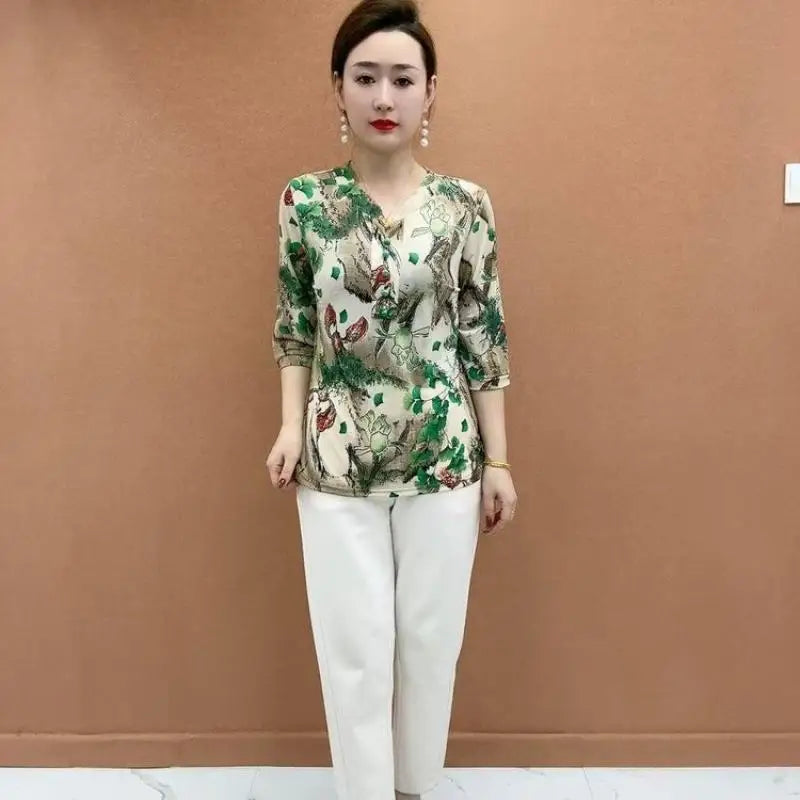 Women's Clothing Folk Broken Flowers Blouse Summer Casual Drawstring V-Neck Half Sleeve Prairie Chic Printed Commute Folds Shirt