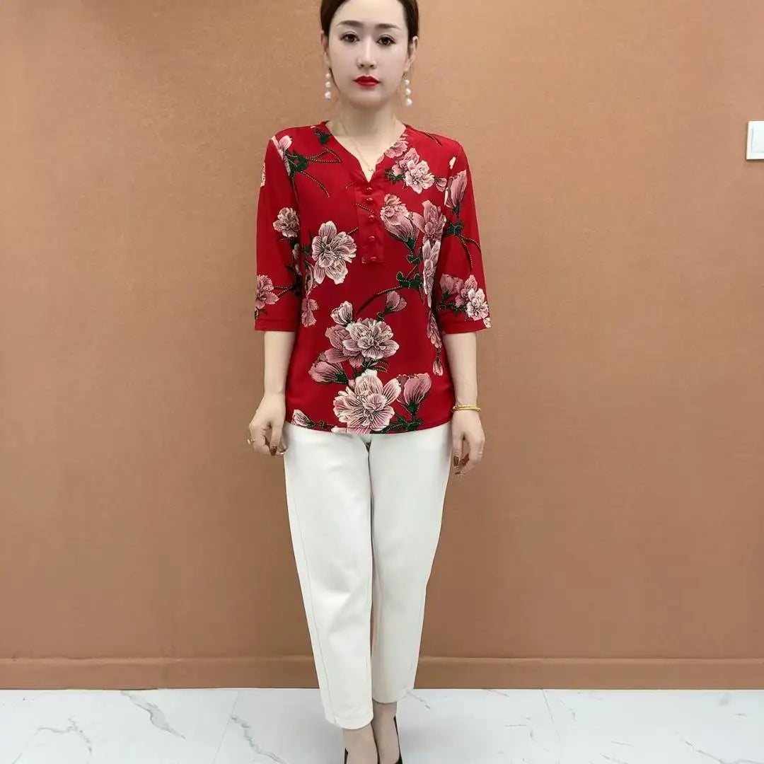 Women's Clothing Folk Broken Flowers Blouse Summer Casual Drawstring V-Neck Half Sleeve Prairie Chic Printed Commute Folds Shirt