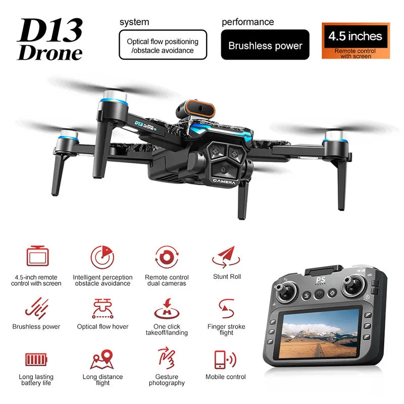 D13 Drone 4K HD with 4.5 Screen Remote & Brushless Motor, Obstacle Avoidance Optical Flow Foldable Quadcopter Aerial Photography