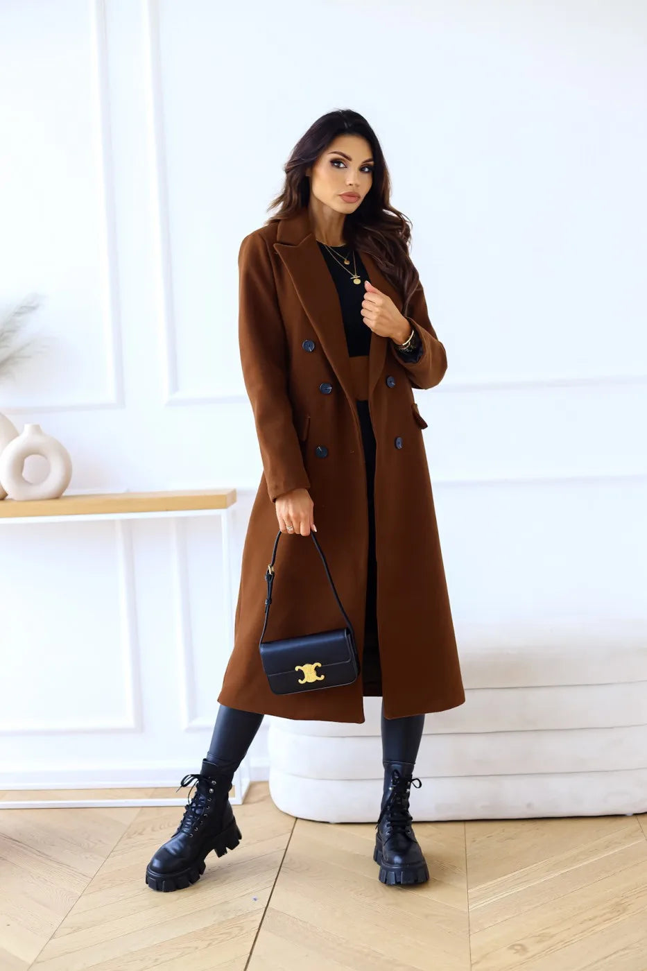 Women's Clothing Autumn and Winter Simple Double-breasted Long-sleeved Lapel Button Woolen Jacket