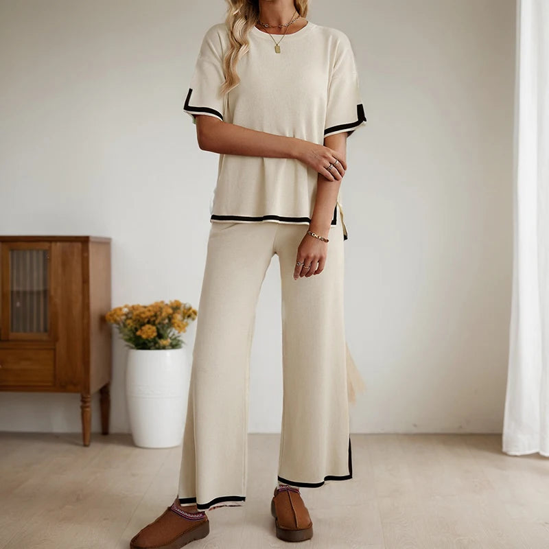 Women's Clothing Two Piece Set Spring Summer Fashion Casual Round Neck Short-Sleeved Pullover Tops Wide-Leg Pants Matching Suit
