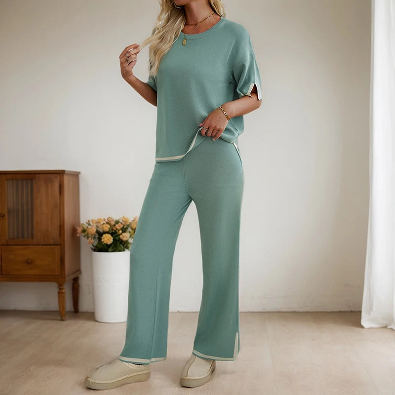 Women's Clothing Two Piece Set Spring Summer Fashion Casual Round Neck Short-Sleeved Pullover Tops Wide-Leg Pants Matching Suit