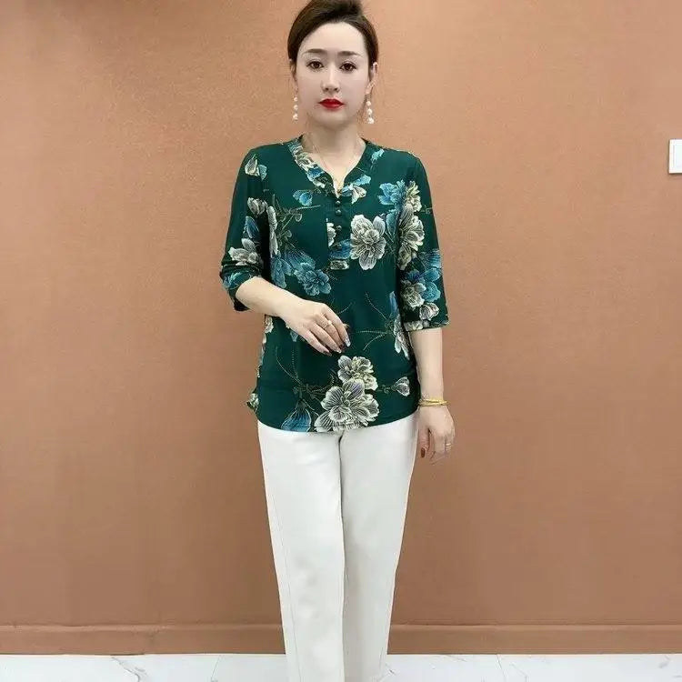 Women's Clothing Folk Broken Flowers Blouse Summer Casual Drawstring V-Neck Half Sleeve Prairie Chic Printed Commute Folds Shirt
