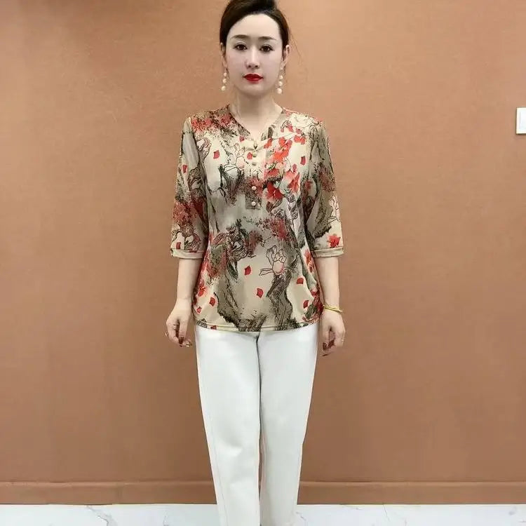 Women's Clothing Folk Broken Flowers Blouse Summer Casual Drawstring V-Neck Half Sleeve Prairie Chic Printed Commute Folds Shirt