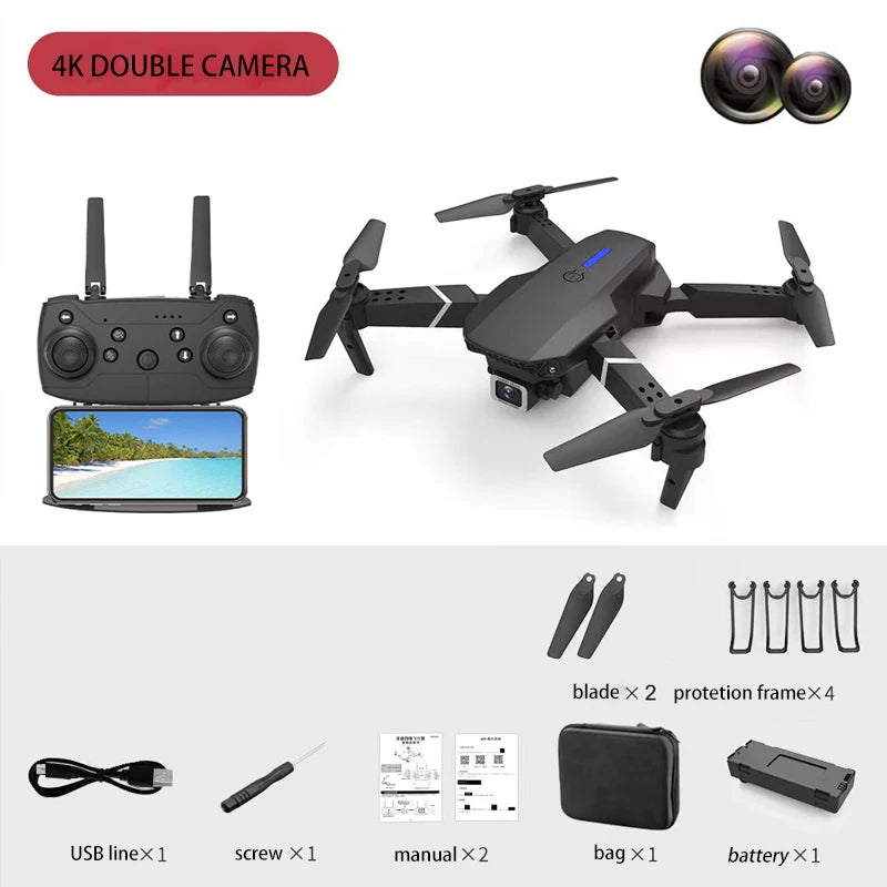 Drone Foldable Wings, Dual Cameras for Aerial Photography, 360° Rotation, One-Click Takeoff, Portable Rechargeable Battery