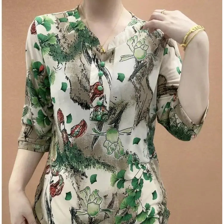 Women's Clothing Folk Broken Flowers Blouse Summer Casual Drawstring V-Neck Half Sleeve Prairie Chic Printed Commute Folds Shirt