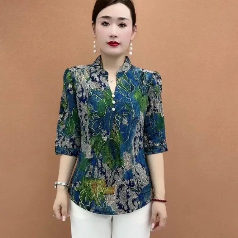 Women's Clothing Folk Broken Flowers Blouse Summer Casual Drawstring V-Neck Half Sleeve Prairie Chic Printed Commute Folds Shirt