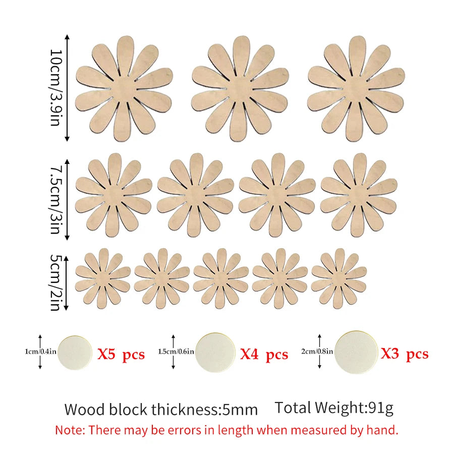 Nordic Wooden Daisy Flower Wall Decoration Self-adhesive Wall Stickers Set Wooden Sticker for Kids Room Nursery Decor