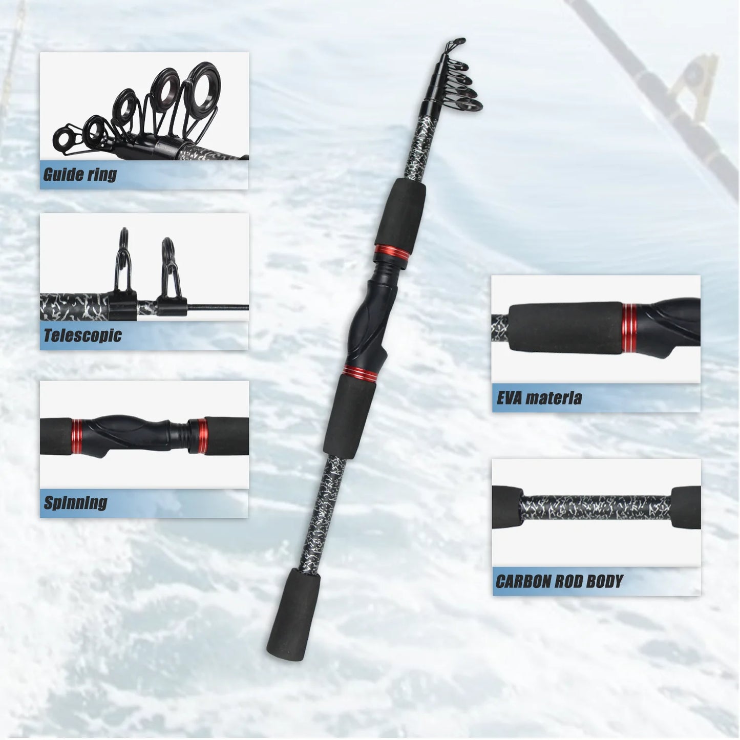 Spinning Fishing Kit- Telescopic Fishing Rod and Spinning Fishing Reel Fishing Line Lure Spoon Hooks Weights with Tackle Bag