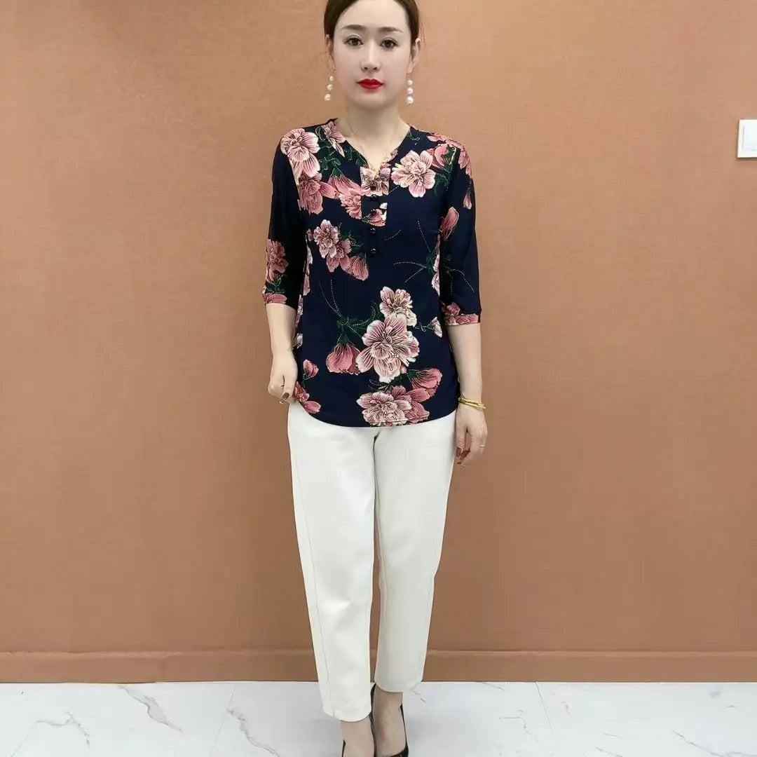 Women's Clothing Folk Broken Flowers Blouse Summer Casual Drawstring V-Neck Half Sleeve Prairie Chic Printed Commute Folds Shirt