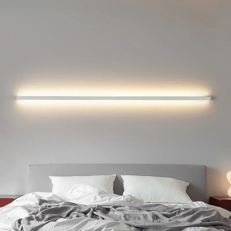 Modern minimalist bedroom, narrow and slender strip wall lamp at the head of the bed, background wall, room lighting decoration